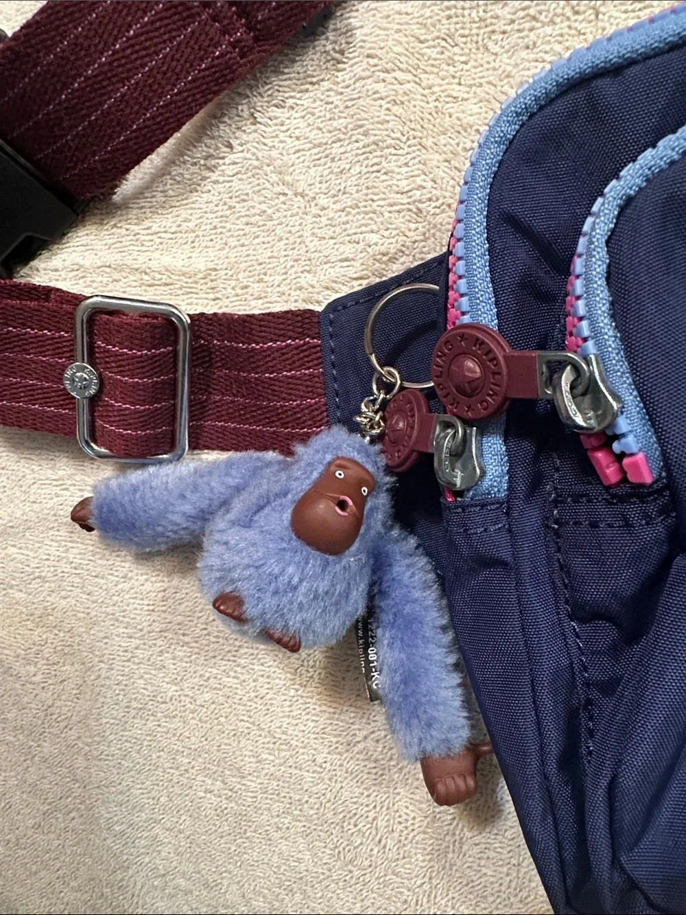 Kipling Navy and Pink Crossbody Bag with Burgundy Strap